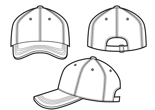 Baseball cap vector illustration on white, front, back, side views