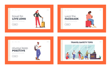 Airport Passport Control. Landing Page Template Set. Passengers Characters in Masks Stand in Queue Prepare for Flight