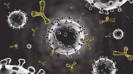 Coronavirus and antibody molecule from antiviral vaccine injection . Dark vignette background . Microscopic view of virus cell . 3D rendering .