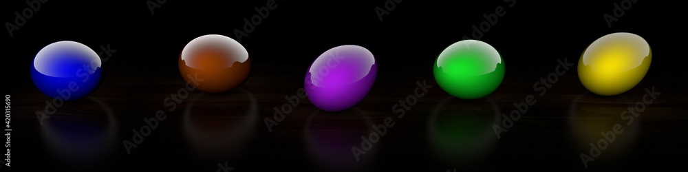 Poster 3d colored glossy eggs on a black textural background with a shadow.