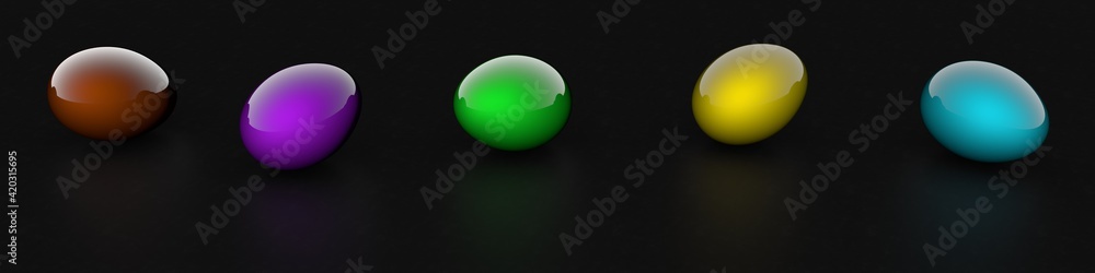 Poster 3d colored glossy eggs on a black textural background with a shadow.