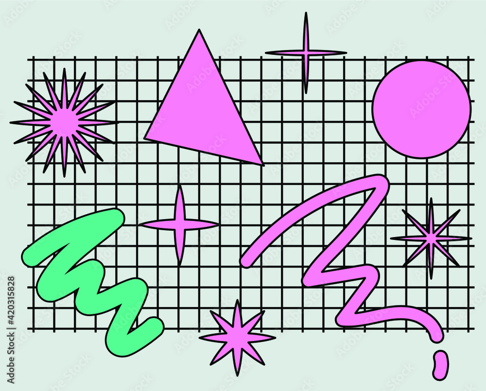 Poster Neo-memphis abstract background with geometric shapes. Vaporwave and synthwave style.