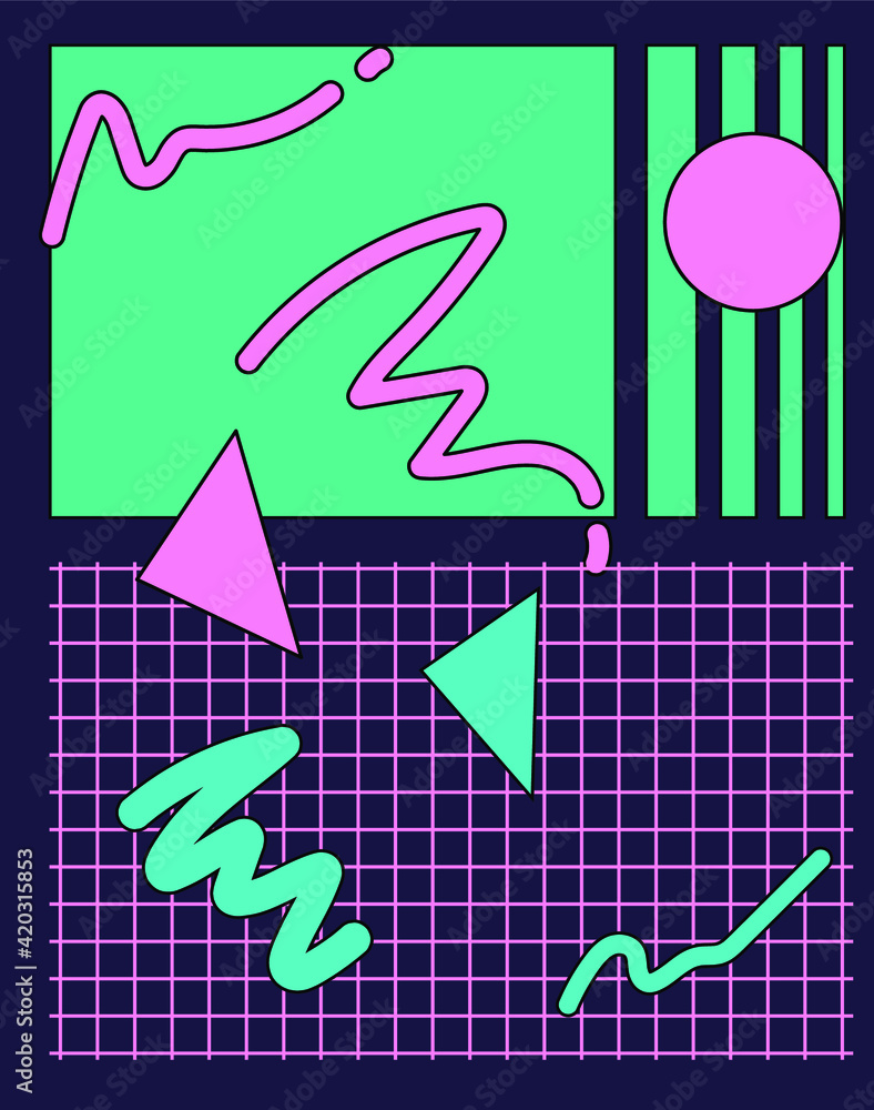 Poster Neo-memphis abstract background with geometric shapes. Vaporwave and synthwave style.