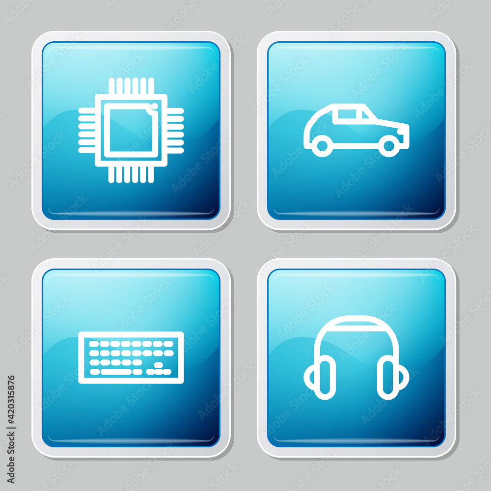 Poster set line processor with microcircuits cpu, car, keyboard and headphones icon. vector