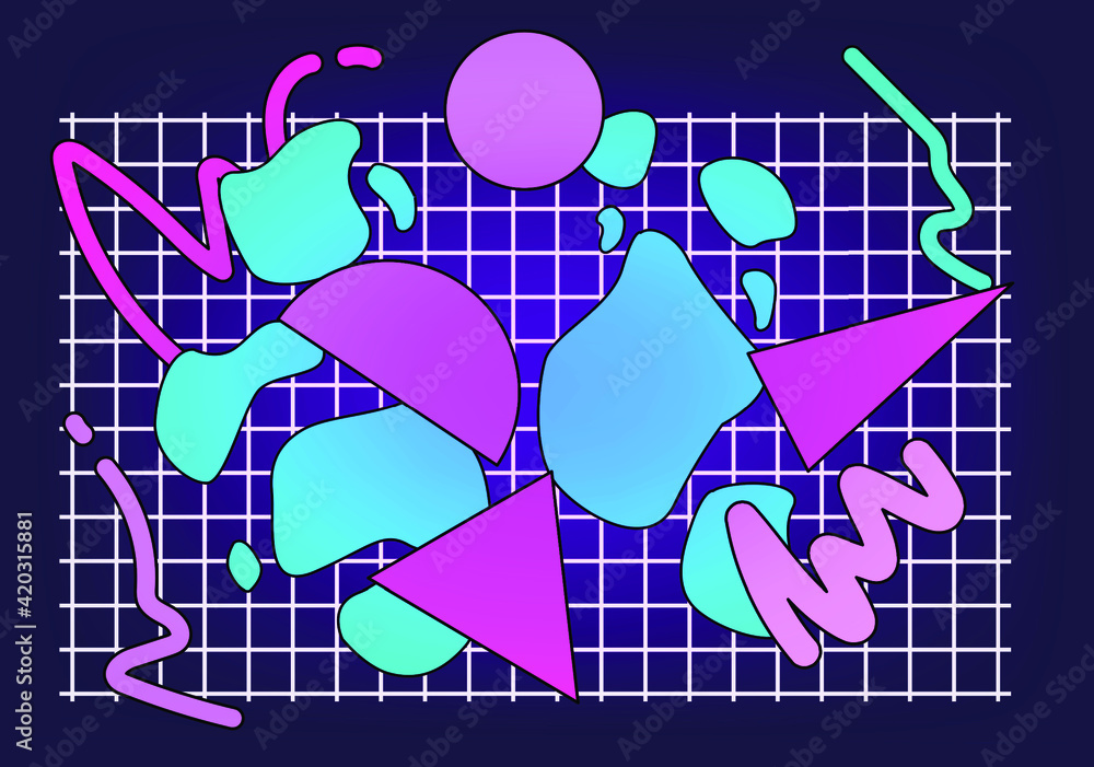 Poster Neo-memphis abstract background with geometric shapes. Vaporwave and synthwave style.