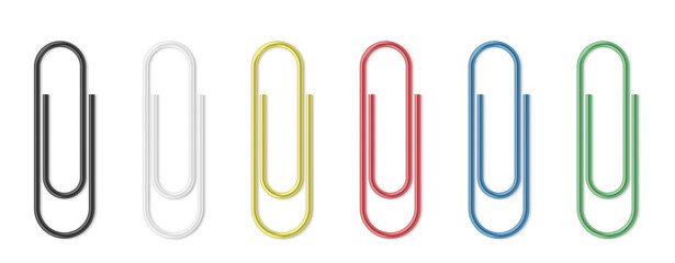 Realistic paper clip set. Colorful paperclips on white background isolated templates