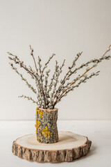 spring easter pussy willow catkins twigs in a natural wood log vase 