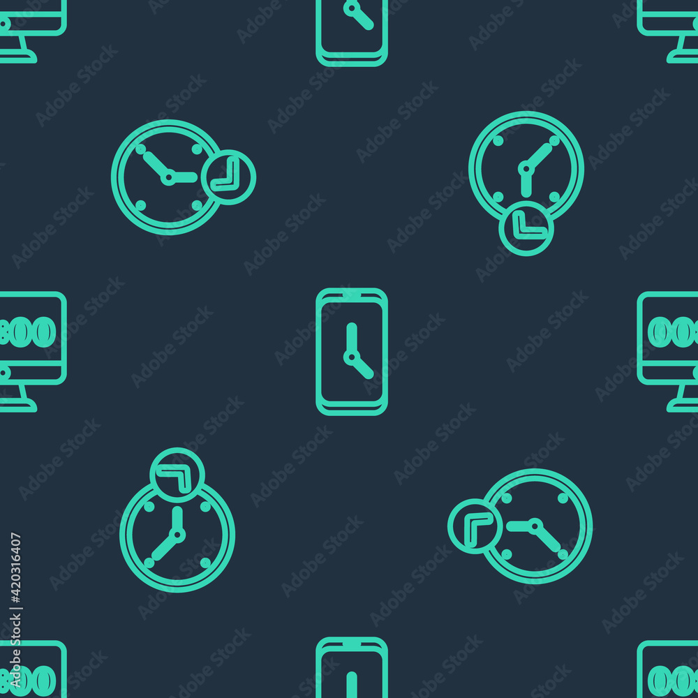 Poster set line alarm clock app mobile, clock and on monitor on seamless pattern. vector