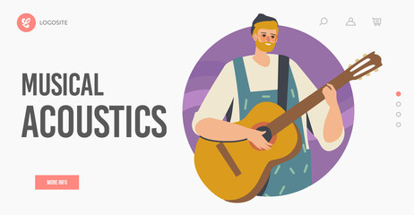 Musical Acoustics Landing Page Template. Character Playing Music, Musician with String Instrument Performing with Guitar