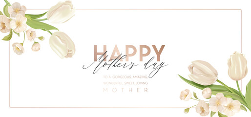 Mother day modern banner. Spring holiday floral vector sale illustration design. Realistic tulip and cherry flowers - 420316486
