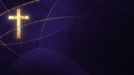 Golden Christian Cross on liturgic violet purple copy space banner background. 3D illustration concept for online worship church sermon in Advent and Lent symbolizing penance sacrifice and mourning