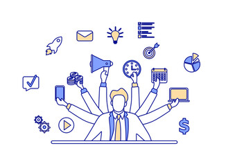 Business concept. Illustration of time management and successful employee. Business planning and results. Organization of process. Fashion vector illustration