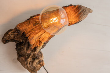 natural raw drift wood house light with exposed led light bulb decoration