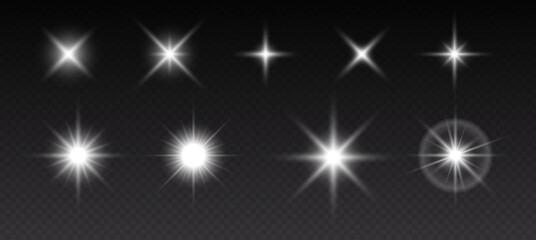 Sparkling stars, flickering and flashing lights. Collection of different light effects