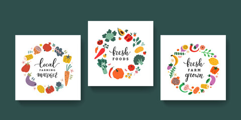 Vegetable frames collection with lettering, veggies illustrations arranged in circle, poster or card for farmers market or organic food shop, templates with copy space, vector wreaths