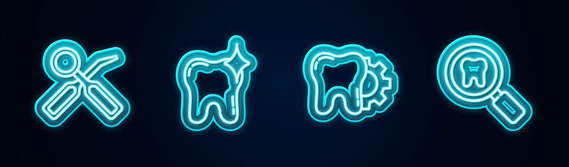Fototapeta premium Set line Dental inspection mirror, Tooth whitening, treatment procedure and search. Glowing neon icon. Vector