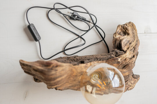 natural raw drift wood house light with exposed led light bulb decoration