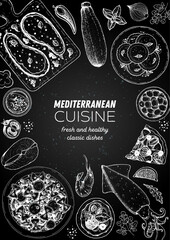Obraz na płótnie Canvas Mediterranean cuisine top view frame. A set of mediterranean dishes . Food menu design template. Vintage hand drawn sketch vector illustration