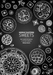 Oriental sweets vector illustration. Middle eastern food, hand drawn sketch. Linear graphic. Food menu background.