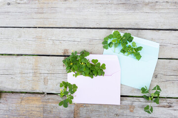 Fototapeta na wymiar Envelope with space for text. St. Patrick's Day card. Green clover