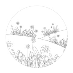 Hill with grass round monochrome banner. Flower leaves art nature design element stock vector illustration for web, for print