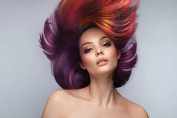Gordijnen Beautiful woman with multi-colored hair and creative make up and hairstyle. Beauty face. © Kobrinphoto