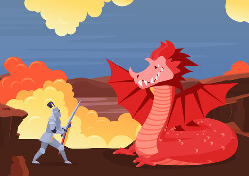 Brave knight fighting dragon vector illustration. Cartoon fairy tale scenery with fight battle between hero warrior character in armor and monster dragon, fantasy creature attack with flame background