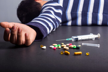 Guy addicted, The concept of anti drugs. male drug addict, drug syringe