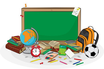 Illustration of school supplies on a white background. Chalkboard with books and a globe. Back to school. 