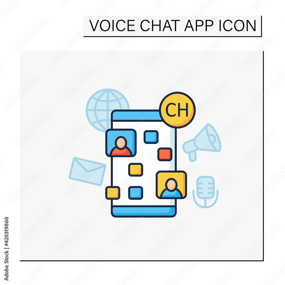 Poster drop in audio chat app color icon. communication application with friends. voice communicate concept