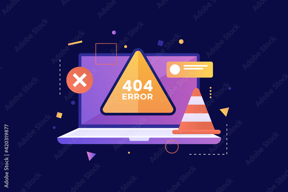 Poster open laptop screen with error 404 icon. page not found, problems on the server. modern computer tech