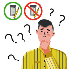 vector illustration, against vaccination, pensive man in yellow, question, choice for vaccination, coronavirus, covid-19, no vaccine, vaccine supporters