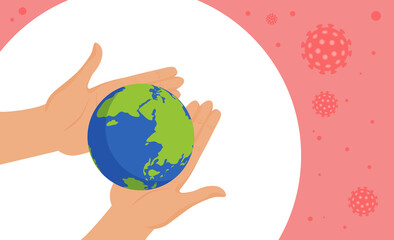 Coronavirus quarantine prevention measure, health safety global protection concept vector illustration. Cartoon human hands holding earth planet globe to protect world against corona virus background