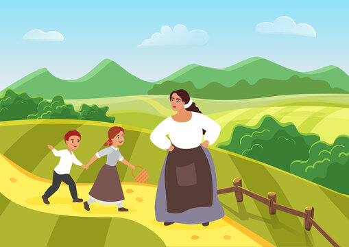 Beautiful happy peasant mother and children, medieval farmers family vector illustration. Cartoon woman villager character standing with son and daughter child on road through green farm village field