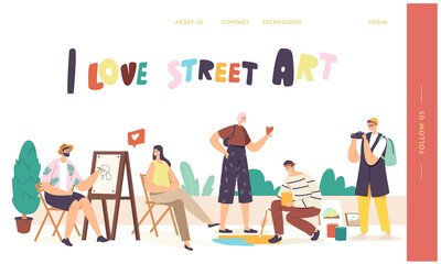 Street Artists Work Landing Page Template. Man Painting Portrait of Girl Sitting in Front of Easel. Painter Drawing