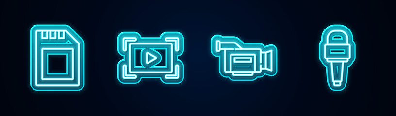 Set line SD card, Online play video, Cinema camera and Microphone. Glowing neon icon. Vector