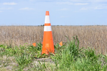 Orange and white traffic construction cone with flags in bay with grass and blue sky