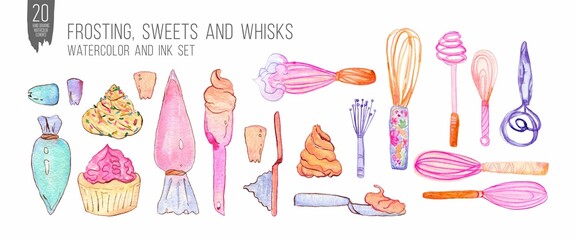 Watercolor and ink sweets and frosting elemens set. Set of hand drawn illustrations. Colorfull set for design textile, wallpapers, print and banners.