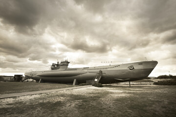 German submarine U-995. Dramatic sky, storm clouds. Museum ship, Laboe Naval Memorial. Germany....