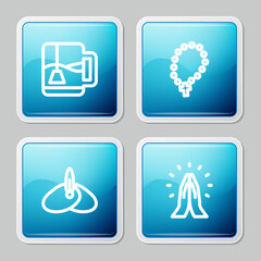 Set line Cup of tea with tea bag, Rosary beads religion, Indian headgear turban and Hands in praying position icon. Vector