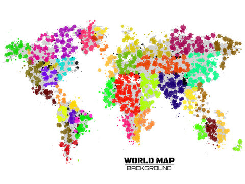 Abstract colorful world map in the form of blots, colorful ink splashes, grunge splatters. Vector illustration