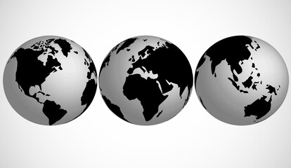 Three world globes on white background. Vector earth planet
