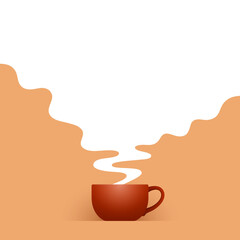 Cup of black tea and white steam with empty place for your design