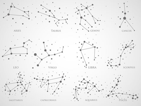 Set of zodiac constellations. Horoscope set: Aries, Leo, Sagitarius, Capricorn, Taurus, Virgo, Libra, Aquarius, Gemini, Cancer, Scorpio, Pisces. Vector illustration