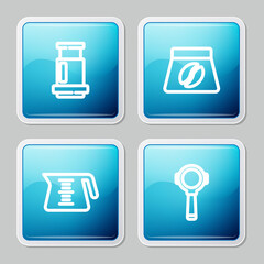 Set line Aeropress coffee, Bag beans, Coffee pot and filter holder icon. Vector