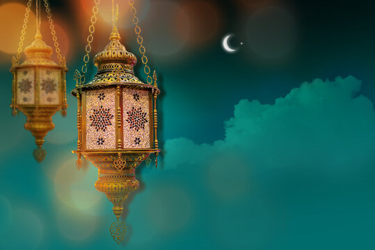 Ramadan kareem poster with Crescent moon, celebration lamp lantern.
