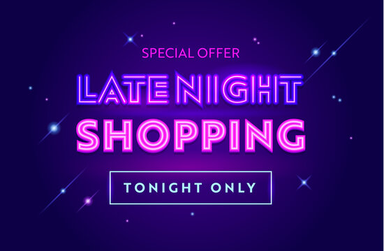 Late Night Sale Advertising Banner with Typography. Blue Background with Glowing Stars. Design for Shopping Discount