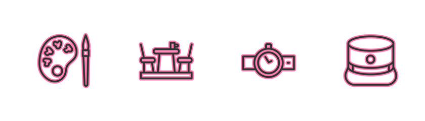 Set line Paint brush with palette, Wrist watch, French cafe and Kepi icon. Vector