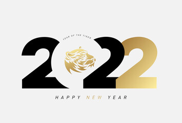 2022 Happy New Year logo design. Year of the tiger. 2022 text number design template. 2022 typography symbol Happy New Year. Vector illustration with black and pink labels isolated on white background