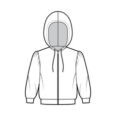 Zip-up Hoody sweatshirt technical fashion illustration with elbow sleeves, relax body, banded hem, drawstring. Flat small apparel template front, white color style. Women, men, unisex CAD mockup